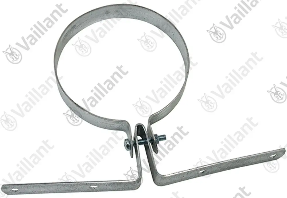 Befestigungsschelle aus Metall mit einem runden Innenring und zwei seitlichen Halterungen, vorgesehen für die Montage im Zusammenhang mit Vaillant Produkten.